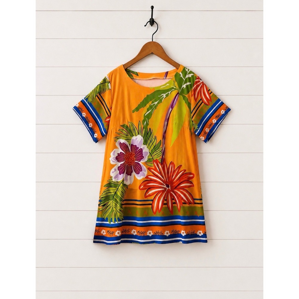 NWOT Tropical Floral Caftan Dress XL Orange Resort Vacation Beach